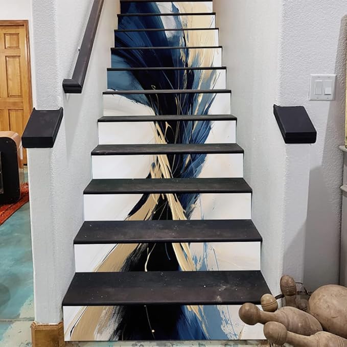REDAMANCY Abstract White Sea Blue Gold Mosaic Oil Painting Peel and Stick Vinyl Stair Riser Decals Staircase Tile Stickers Decor Modern Marble Decoration Self-Adhesive(14 Pcs)