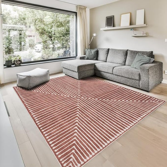 GLN Rugs Contemporary Collection - Machine Washable Area Rug, Contemporary Washable, Non Slip, Low Pile Chenille Rug, Living Room, Bedroom, Kitchen Rug (5' x 7' Beige Orange)