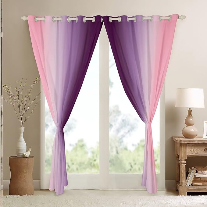 jejeloiu Purple Darkening Drapes (2 Panels, 42 x 84 Inch) Ombre Pink Curtains for Bedroom Living Room for Kids Decor Gradient Style Blackout Curtains Abstract Window Treatments