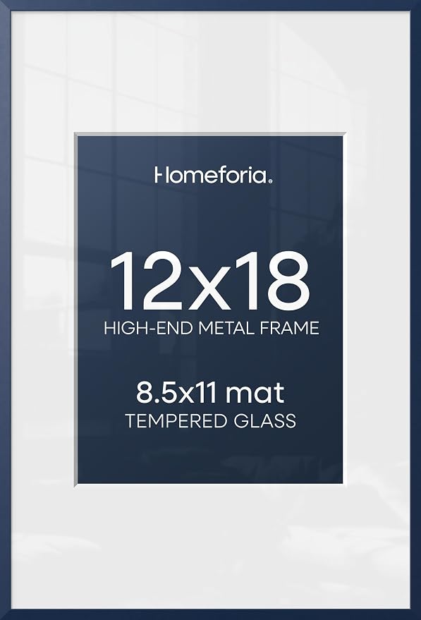 Homeforia 12x18 Picture Frame Navy Blue, High End Metal 12x18 Poster Frames with Mat 8.5x11 in Photo, 12 x 18 Navy Blue Frame Matted to 8.5 by 11 Print, 18x12 Frame, Tempered Glass, Wall Kit, Set of 2