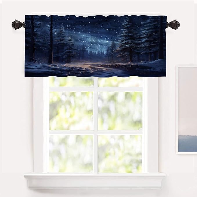 Shrahala Winter New Year Blackout Short Curtains for Windows, Stars Forests Snow Night Kitchen Valance Thermal Insulated Rod Pocket Window Treatment for Bathroom 52 X 18 in