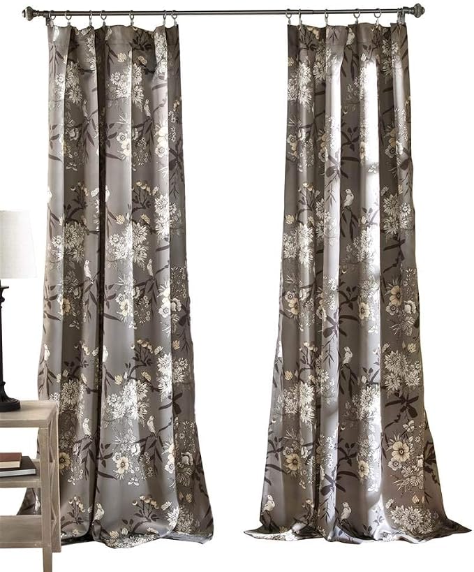 Lush Decor Botanical Garden Curtains Floral Bird Print Light Filtering Window Panel Drapes Set for Living, Dining, Bedroom (Pair), Gray, 52"W x 95L"
