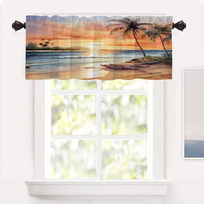 Shrahala Sunset Beach Blackout Short Curtains for Windows, Tropical Seaside Scene Kitchen Valance Thermal Insulated Rod Pocket Window Treatment for Bathroom 52 X 18 in