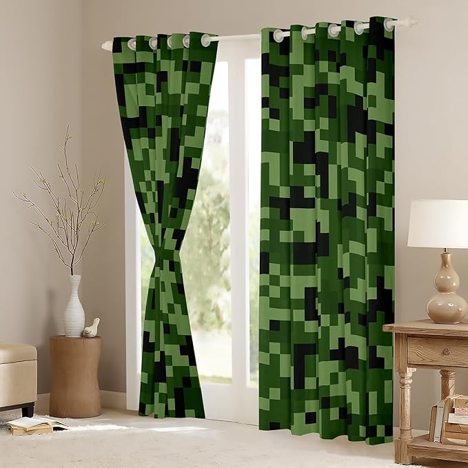 Castle Fairy Green Camo Window Curtain,Army Green Camouflage Bedroom Decor Curtains for Kids Boys Teens,Geometric Grid Patchwork Window Treatment Soft Blackout Drapes 2 Panels,42Wx63L