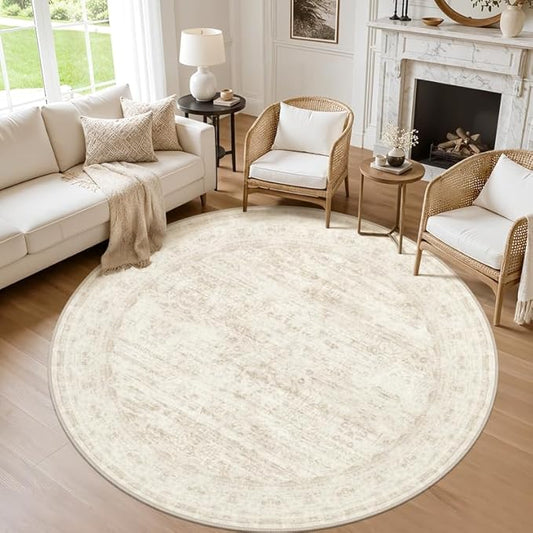 Round Area Rug for Living Room: 8ft Vintage Boho Neutral Washable Circle Rug Soft Large Circular Carpet for Bedroom Nursery Farmhouse Dining Room Office Floor Non-Slip Low Pile Under Table Retro Beige