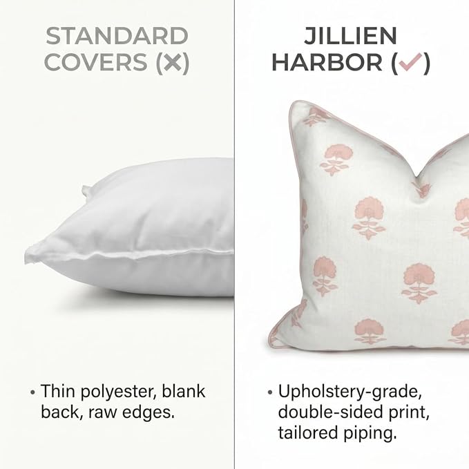 Jillien Harbor “The Lauderdale” Floral Block Print Pillow Cover – Blush Pink and Off-White Decorative Throw Pillow Cover – Grandmillennial Home Decor, 20" x 20"