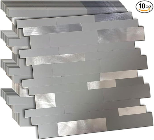 10-Sheet Peel and Stick Backsplash Tile, PVC Mixed Meta,l Stick on Kitchen, Bathroom Vanities, Fireplace Décor, Laundry Table(Grey+Frosted Silver)