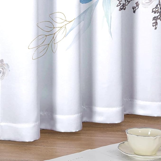 Blue Eucalyptus Curtains 63 Inch Length 2 Panels, Leaves Plant Drapes for Dinning Small Windows, Blue and White Light Filtering Curtain for Living Room Bedroom Bathroom, Dual Rod Pocket, 42" W x 63" L