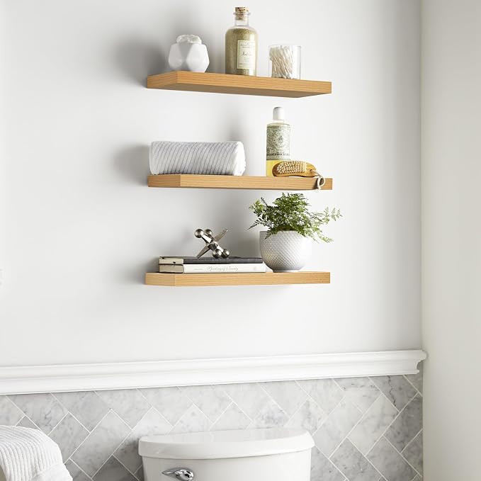 BAYKA Floating Shelves for Wall, 22.5 inches Wall Mounted Rustic Wood Shelves for Bathroom, Bedroom, Living Room, Floating Shelves for Books/Storage/Decor (Light Oak-Toned,Set of 3)