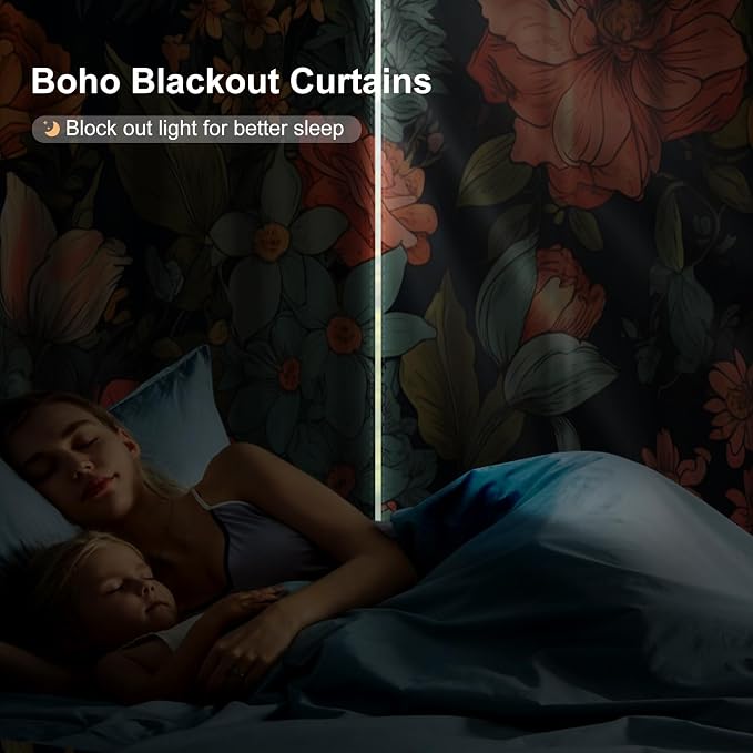Boho Floral Blackout Curtains for Bedroom and Living Room, Grommet Thermal Insulated Black Out Window Drapes with Curtain Tiebacks, Soundproof Privacy Patterned Curtains 84 Inch Long 2 Panels Set