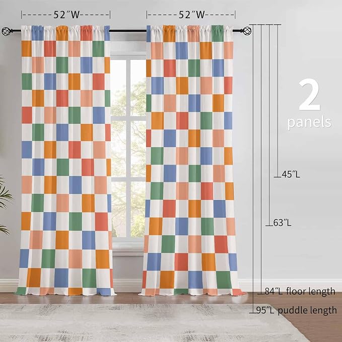 Colorful Checkered Curtains for Bedroom,Rod Pocket 60s 70s Semi Sheer Curtains Farmhouse Retro Checkerboard Light Filtering Drapes for Living Room,Set of 2 Window Curtain Panels,52 x 84 Inch