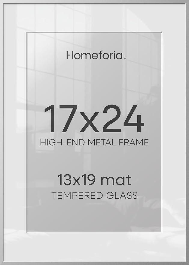 Homeforia 17x24 Picture Frame Silver, High End Metal 17x24 Frames with Mat 13x19 for Photo, 17 x 24 Silver Poster Frame Matted to 13 x 19 Print, 24x17 Hanging Frame, Tempered Glass, Wall Kit, Set of 3