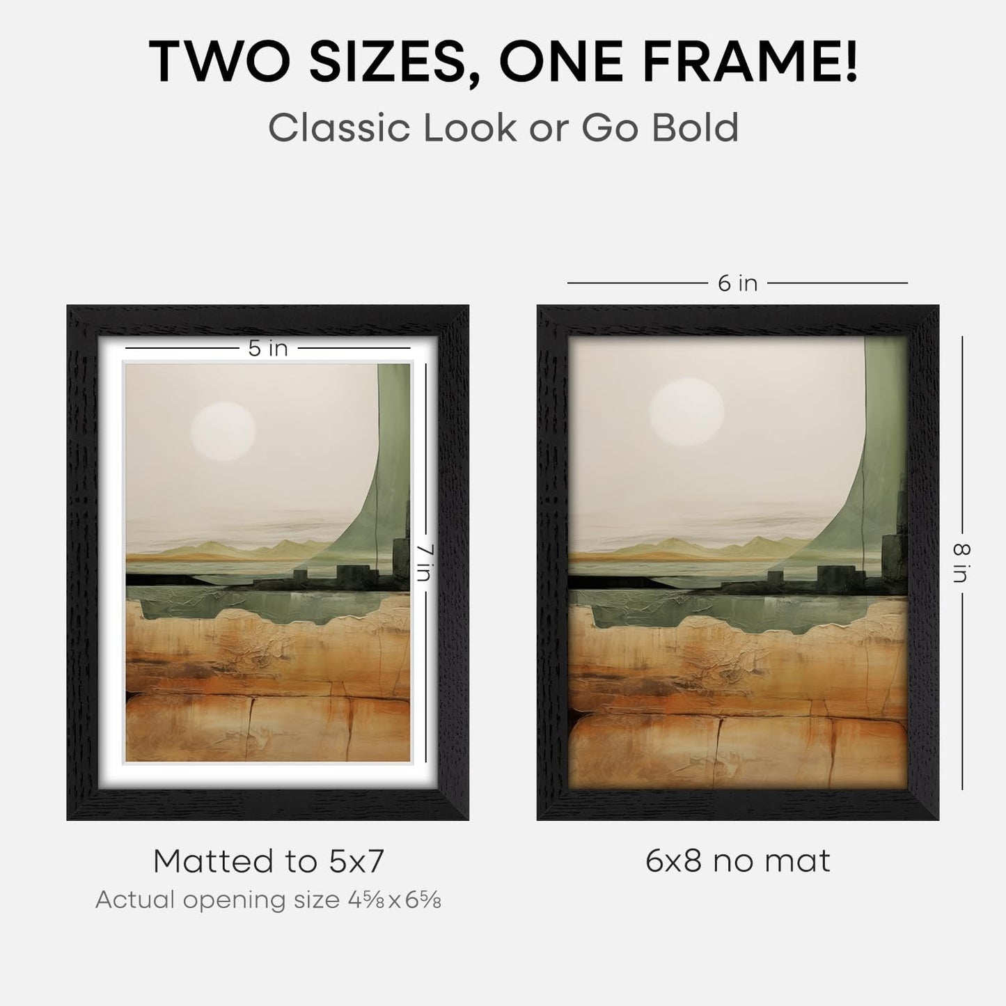 Homeforia 8x6 Black Wood Frame, High End Oak 6x8 Black Wooden Picture Frames with Mat 5x7 Art, 6 x 8 Frame Matted to 5 by 7 inch Photo, 6x8 Wall or Tabletop Frames, Tempered Glass, Wall Kit, Set of 1