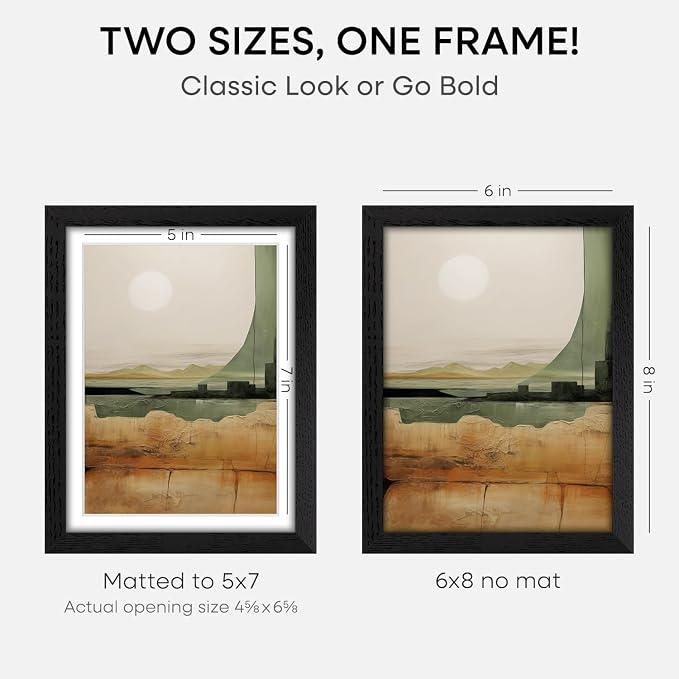 Homeforia 8x6 Black Wood Frame, High End Oak 6x8 Black Wooden Picture Frames with Mat 5x7 Art, 6 x 8 Frame Matted to 5 by 7 inch Photo, 6x8 Wall or Tabletop Frames, Tempered Glass, Wall Kit, Set of 3