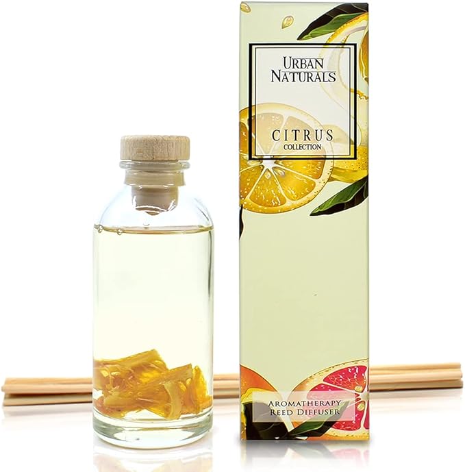 Urban Naturals Reed Diffuser Set, Citrus Bliss - Bathroom Shelf Décor | Mandarin Orange & Grapefruit with Real Orange, Fresh Home Fragrance