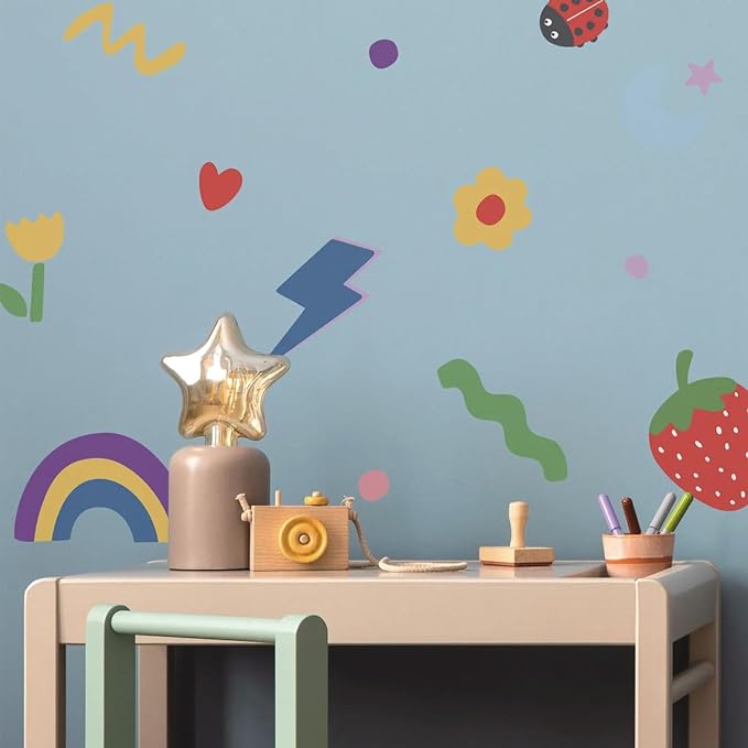 56pcs Colorful Rainbow Flowers Fabric Wall Stickers DIY Kids Fun Doodle Decals Removable Nursery for Kids Rooms Living Room Decor Opaque High Coverage Wall Art