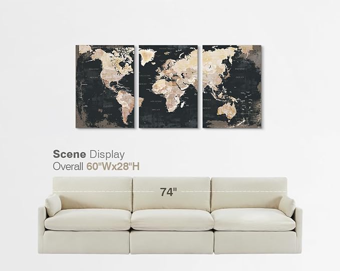 Black Wall Decor for Mens Bedroom Office Living Room World Maps for Wall | Canvas Art Paintings with Frame Vintage Pictures Inspirational Artwork for Conference Room
