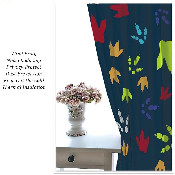 YCness Dinosaur Footprint Curtains for Boys Girls Children Nursery Playroom Room Decor Colorful Cartoon Dino Art Printed Window Drapes Decor Fabric Set 2 Panel 42x63 Inch 80% Shading Rate