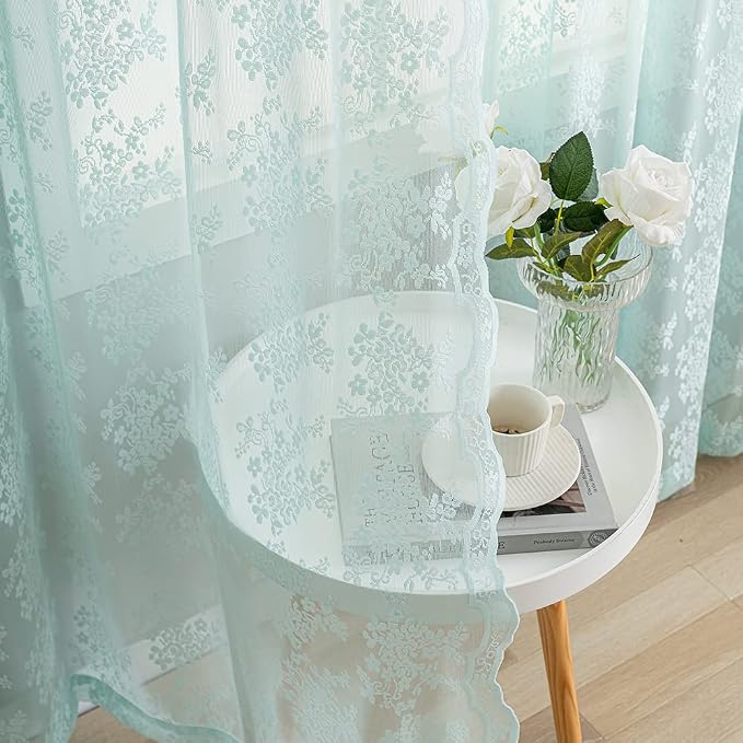YJ YANJUN Vintage Lace Curtains 63 Inch Length-Victorian Floral Aqua Sheer Curtain Panels for Nursery Girls Kids Bedroom Seafoam Coastal Beach Room Decor 52 x 63 inch 2 Panels, Retro Mint Green