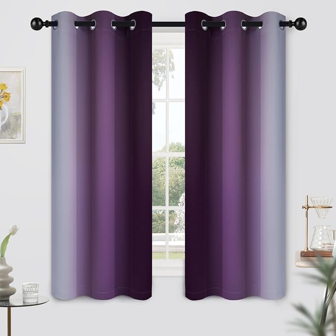 Yakamok Ombre Curtains Purple and Greyish White for Living Room,42Wx63L | Room Darkening Curtains 63,Thermal Insulated Gradient Color Drape,Light Blocking Grommet Window Curtains for Bedroom,2 Panels