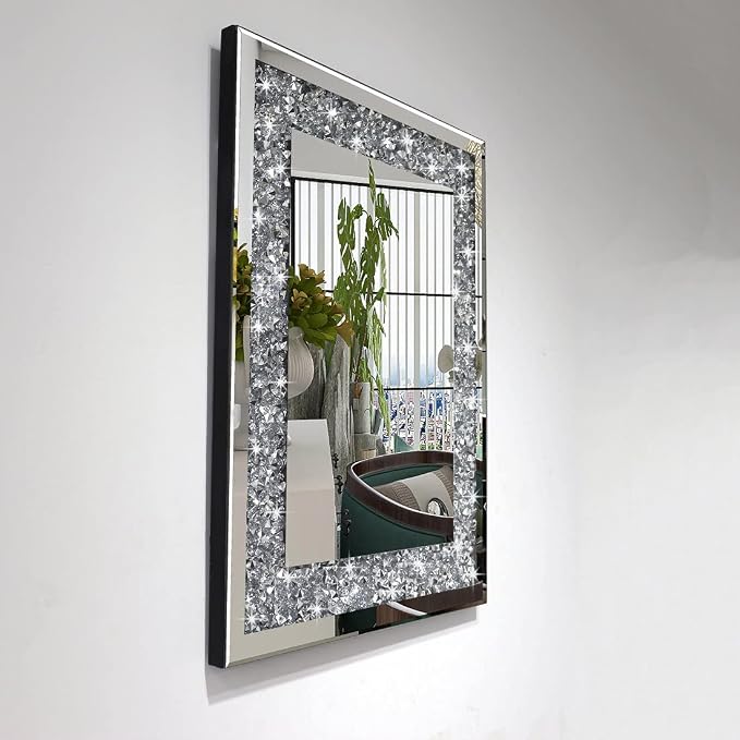QMDECOR Crushed Diamond Mirror 16x20 Inch Silver Wall Decor