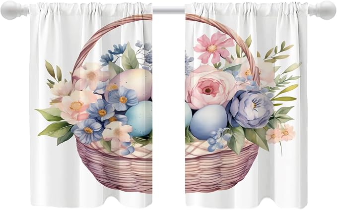 Shrahala Basket Flowers Eggs Blackout Curtain Tiers, A Basket with Floral and Eggs Kitchen Valance Light Blocking Tier Drapes with Rod Pocket, 2 Pack 26 X 36 in