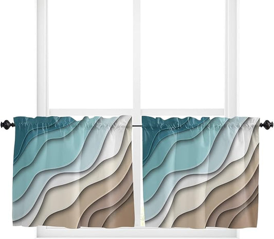 36 Inch Long Tier Curtains for Kitchen, Abstract Geometric Teal Brown Gradient Waves Beach Bathroom Window Curtains Rod Pocket Short Curtains Window Treatment Tiers for Living Room Farmhouse 2 Panels
