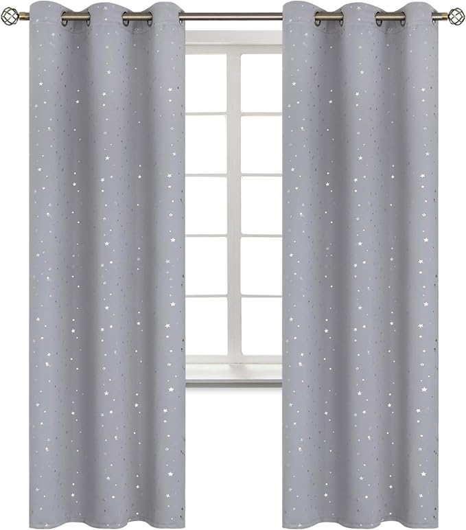 BGment Light Grey Star Blackout Curtains for Kid's Bedroom - Grommet Thermal Insulated Room Darkening Printed Curtains for Living Room, Set of 2 Panels (42 x 84 Inch, Light Grey)