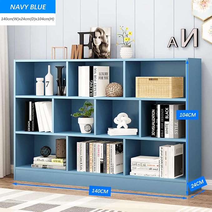 IOTXY Open Shelf Low Bookcase - Wooden 3-Tier Cube Bookshelf, Bright Blue | MDF Material, Stable Raised Base, 10 Storage Cubby Display, Horizontal Short Shelf Unit, Scandinavian Minimalist Organizer