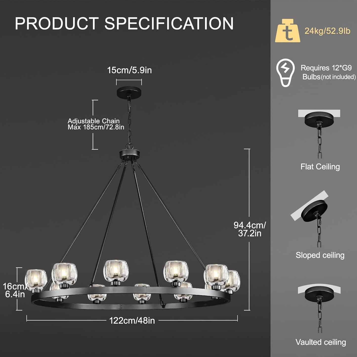 Black Wagon Wheel Chandelier, 48 Inch Black Chandeliers with Unique Glass Shade, 12-Light Crystal Large Wagon Wheel Chandeliers for Dining Room, High Ceiling Round Chandelier for Living Room, Foyer