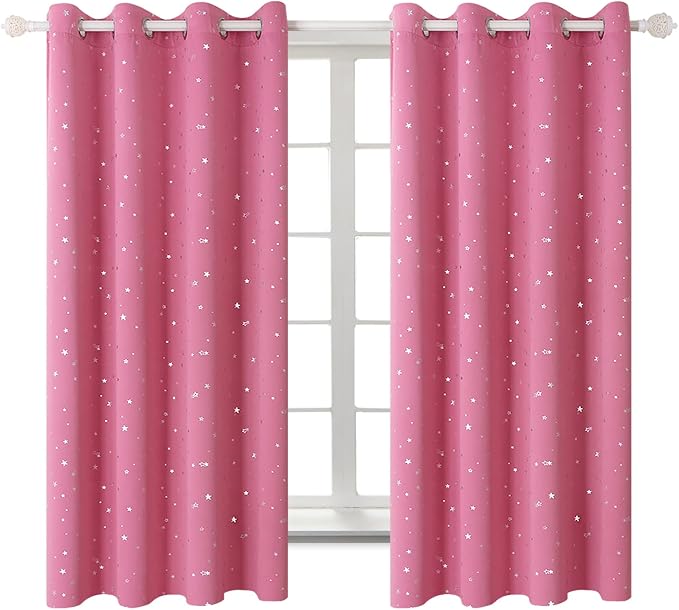 BGment Pink Star Blackout Curtains for Kid's Bedroom - Grommet Thermal Insulated Room Darkening Printed Curtains for Living Room, Set of 2 Panels, 52 x 63 Inch