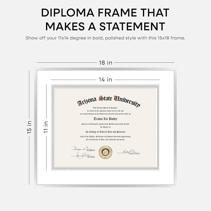 Homeforia 15x18 Diploma Frame Silver, High End Metal 15 x 18 Certificate Frame with Mat for 11 x 14, 15by18 Document Frame Matted to 11x14, Graduation Degree Frames, Tempered Glass, Wall Kit, Set of 3