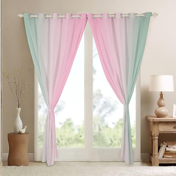 jejeloiu (2 Panels, 52 x 84 Inch Pink and Green Darkening Drapes Gradient Style Curtains for Bedroom Living Room for Kids Women Men Ombre Printed Blackout Curtains Geometric Window Treatments