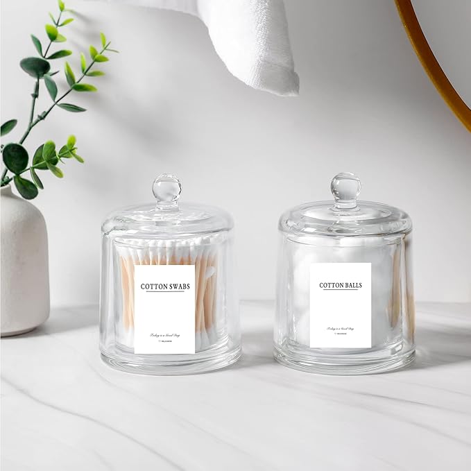 rejomiik Qtip Holder Thick Glass Apothecary Jars with Lid for Bathroom Accessories Vanity Organizers and Makeup Storage for Cotton Ball, Swabs, Makeup Sponges, Candy, Jewelry, Clear