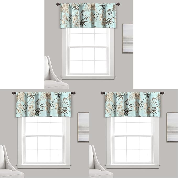 Lush Decor Botanical Garden Curtains Floral Bird Print Light Filtering Window Valance Drapes for Living, Dining, Bedroom, Blue, 52" W x 18L (Pack of 3)
