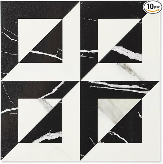 10-Sheets Stunning 3D Visuals Peel and Stick Backsplash Mosaic Tiles, PVC Stone Look,Heat Resistant Stick on Tiles for Kitchen Wall, Bathroom, Laundry Room (Black Marquina + White Marble)
