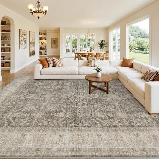 10x14 Area Rug for Living Room: Vintage Boho Neutral Washable Rug Indoor Soft Large Area Rug Carpet for Bedroom Nursery Farmhouse Dining Room Office Floor Non-Slip Low Pile Under Table Rug Warm Taupe