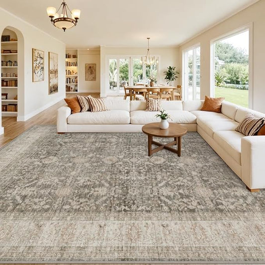 10x12 Area Rug for Living Room: Vintage Boho Neutral Washable Rug Indoor Soft Large Area Rug Carpet for Bedroom Nursery Farmhouse Dining Room Office Floor Non-Slip Low Pile Under Table Rug Warm Taupe