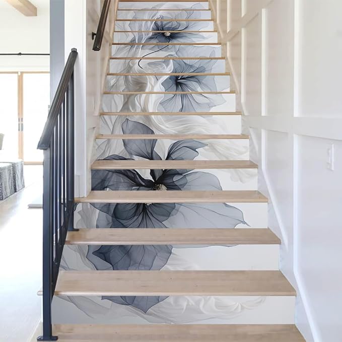 REDAMANCY Modern Grey/Navy/Blue Poppy Floral Peel and Stick Vinyl Stair Riser Decals Staircase Tile Stickers Decor Modern Marble Decoration Self-Adhesive(14 Pcs)