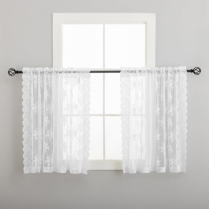 Kotile Short Lace Curtains 30 Inch Length 2 Panels Set, Country Floral Vintage White Lace Kitchen Curtains Over Blinds, Rod Pocket Privacy Sheer Lace Café Curtains for Small Windows, Each 52 x 30 Inch