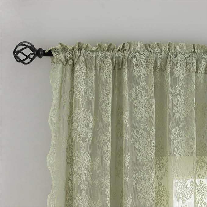 YJ YANJUN Vintage Lace Curtains 90 Inches Long-Victorian Floral Pattern Sage Green Sheer Curtains 2 Panels Embroidered Vine Tulle Voile Window Drapes Boho Aesthetic Decor 52 x 90 Inch Light Green