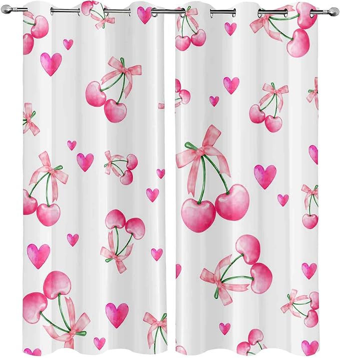 LUVIVIHOME Cute Cherry Blackout Curtains, Pink Heart Bow Curtains for Girls Bedroom Living Room, Aesthetic Bowknot Girly Preppy Coquette Room Decor, Grommet Window Drapes 2 Panel Sets, 52x63 Inch