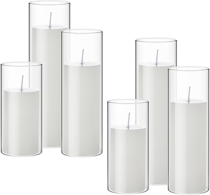 Shihanee Set of 6 Pillar Candles with Glass Cylinder Vases Clear Cylinder Hurricane Candleholders for Slim Tall Pillar Candles Wedding Table Centerpieces(3.4'' X 7", 9.8", 11.8",White)
