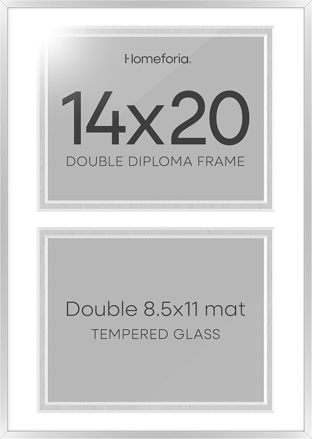 Homeforia 14x20 Double Diploma Frame Silver, High End Metal 14 x 20 Certificate Frames with Mat for Two 8.5x11 inch Diplomas, 20by14 Dual Award Degree Matted Frames, Tempered Glass, Wall Kit, Set of 2