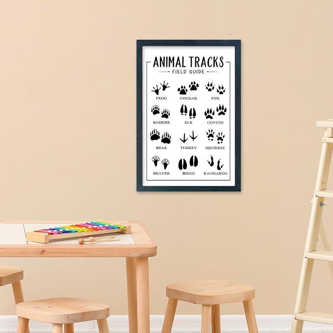YWJKWLGS Animal Tracks Field Guide Wall Art, 11x16 Framed Kids Room Decor | Wildlife Poster, Rustic Kids Room Decor