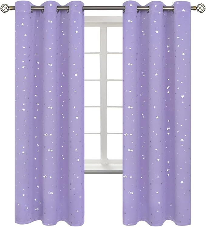 BGment Kids Room Curtains for Bedroom - Grommet Thermal Insulated Silver Star Print Room Darkening Curtains for Living Room, Set of 2 Panels, Lavander, 42 x 72 Inch