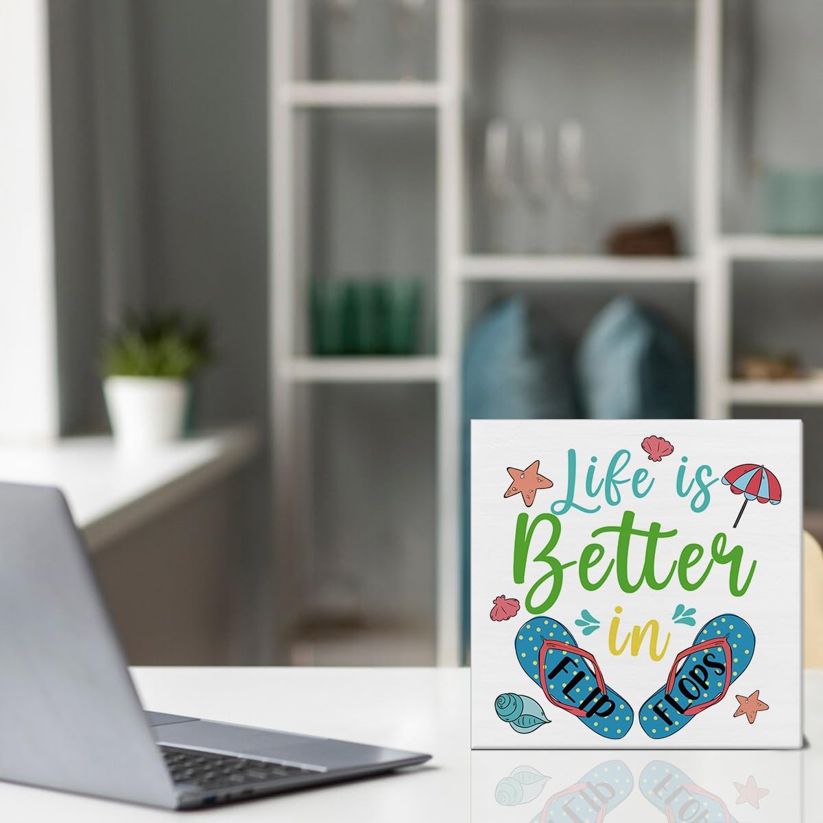 Summer Decor Beach Decorations Flip Flop Wooden Sign Rustic Home Decor 5 x 5 Inches