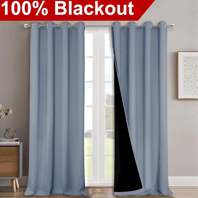 NICETOWN 100% Blackout Curtains for Windows, Pack of 2, 52" W x 108" L, Vintage Blue, Super Heavy-Duty Black Lined Total Darkness Drapes for Bedroom, Privacy Assured Window Treatment for Patio