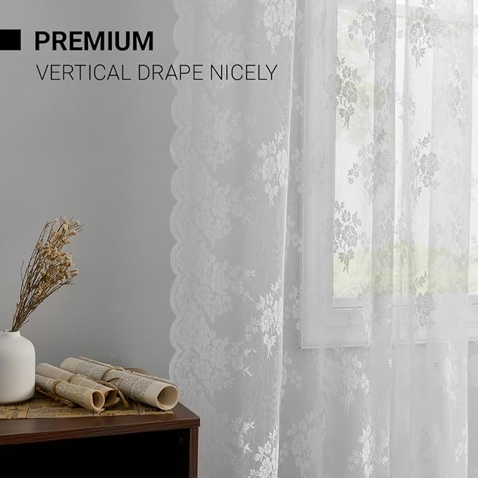 Kotile White Lace Curtains 96 Inches Long - Premium Country Floral Scalloped Lace Panel Curtains for Living Room, Antique White Floral Sheer Lace Curtains for Windows, 52 x 96 Inch, 2 Panels, White