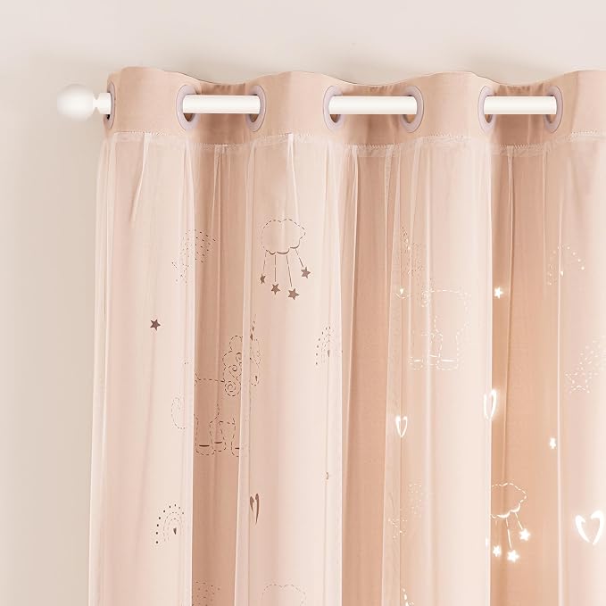 UNISTAR 2 Panels Unicorn Curtains for Kids Girls Bedroom Aesthetic Living Room Decor Double Layer Star Cut Out Baby Pink Window Wall Home Decoration,W52 x L63 Inches